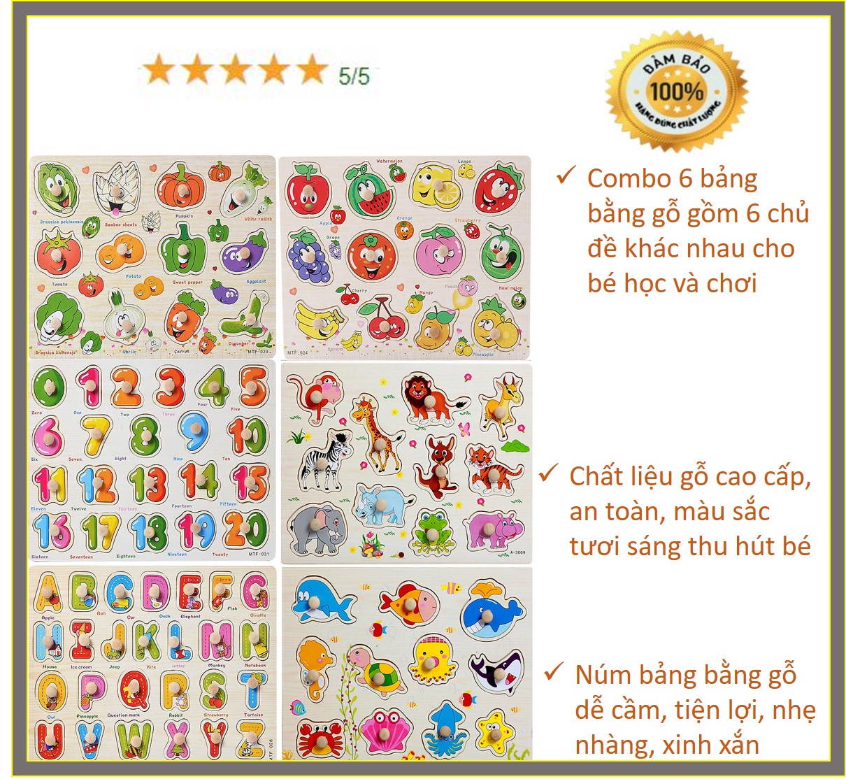 COMBO 6 bảng ghép hình núm gỗ(Trái cây, Rau củ, Chữ, Số, Thú rừng, Thú biển)
