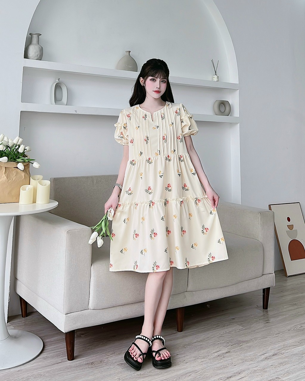 [FREESHIPMAX] Váy bầu hoa nhí - đầm bầu công sở chất lụa hoa tay cộc cho mẹ bầu mặc đi làm đi chơi  freesize