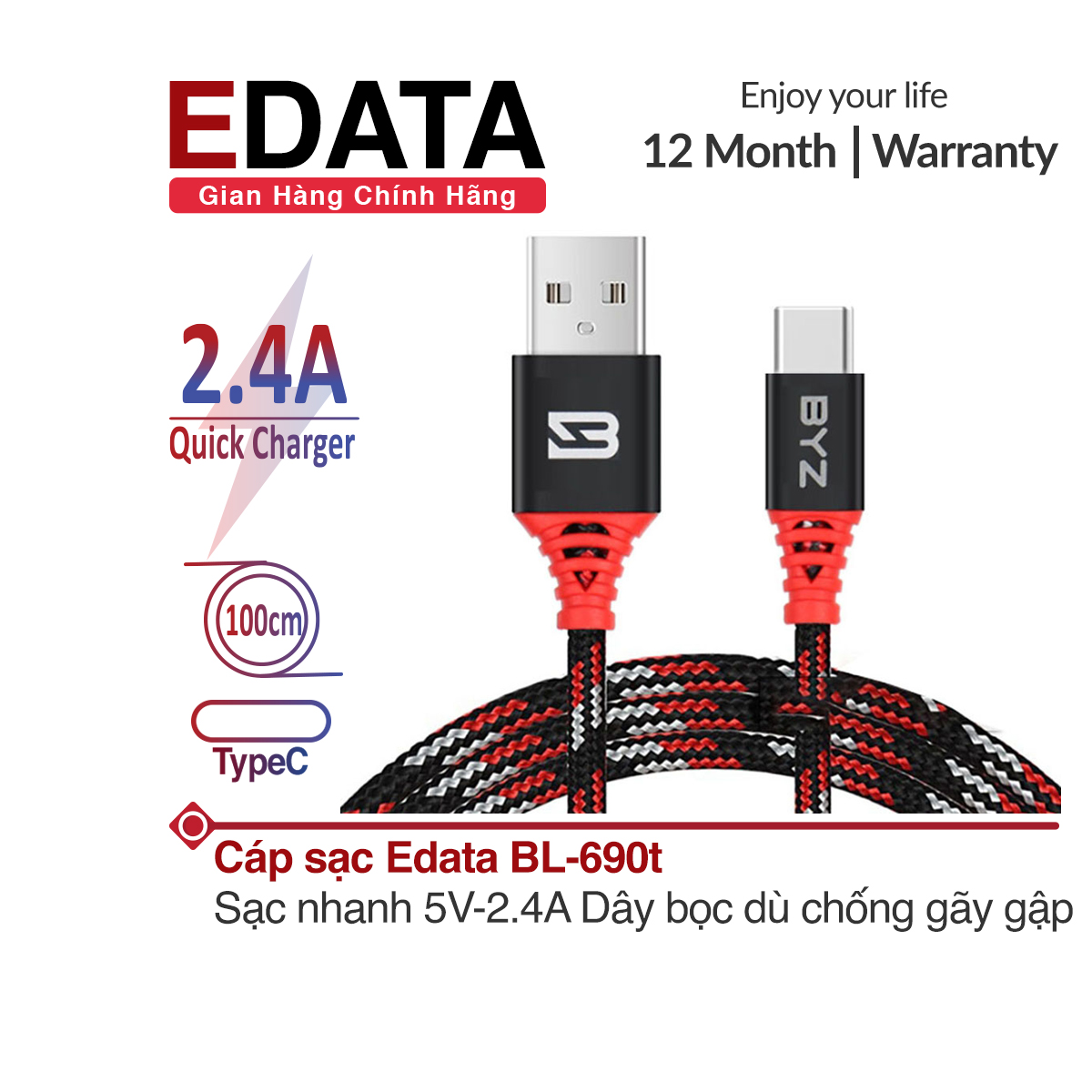 Dây cáp sạc Edata BL-690 hộp con nhộng sạc nhanh 2.4A và truyền dữ liệu dài 100cm cổng TypeC dành cho Samsung Huawei Xiaomi Oppo