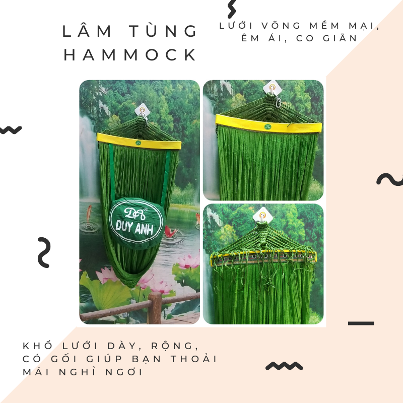Lưới võng có gối hiệu duy anh, lưới võng dày, khổ võng rộng, có gối tạo cảm giác êm ái, thư giãn, thoải mái nghỉ ngơi