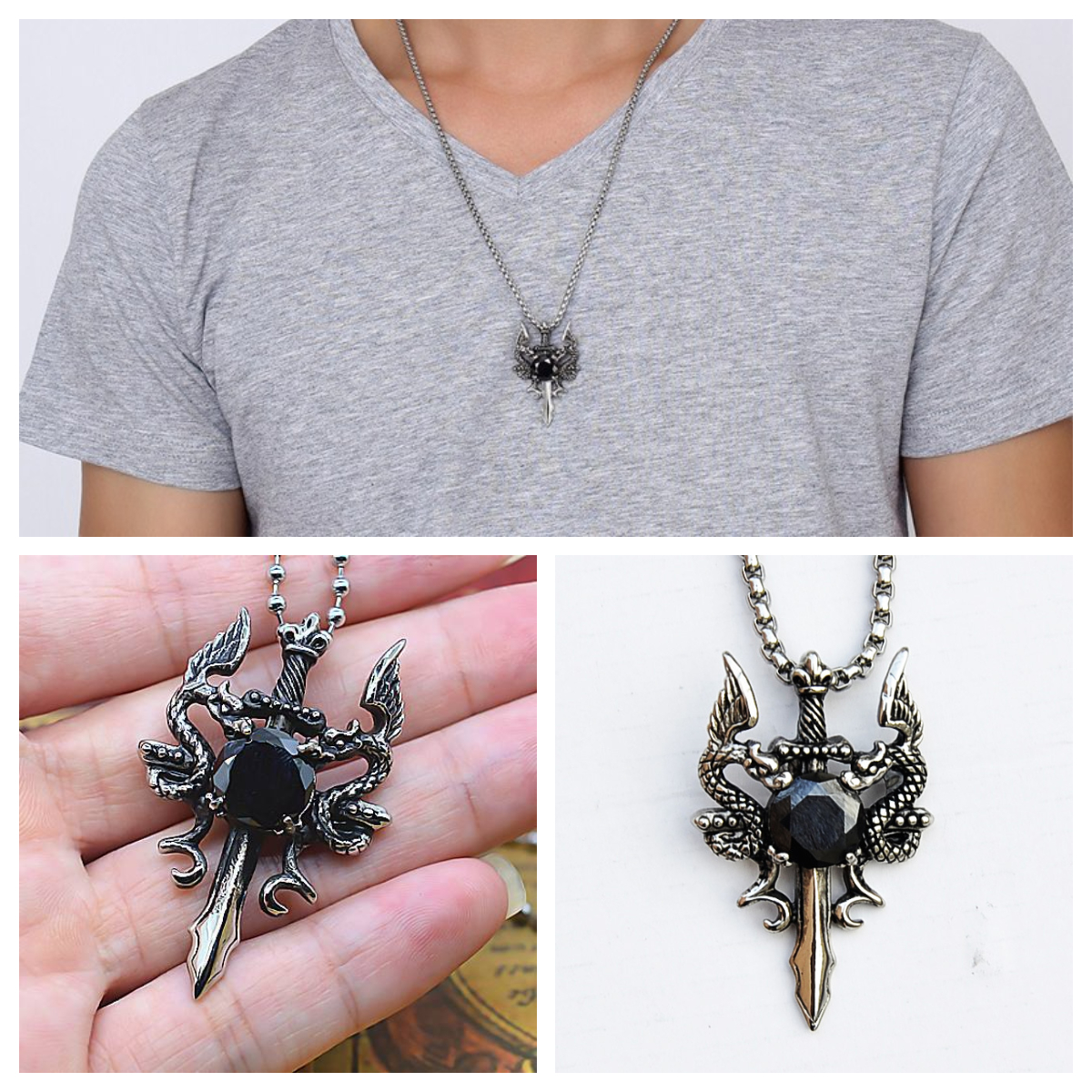 Vòng Cổ  Nam Kiếm  Rồng  Khảm Ngọc Thời Trang Âu Mỹ DCKIEMRUBBY07