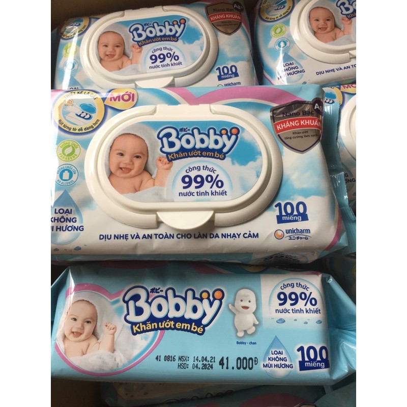 Khăn ướt Bobby không mùi gói 100 tờ