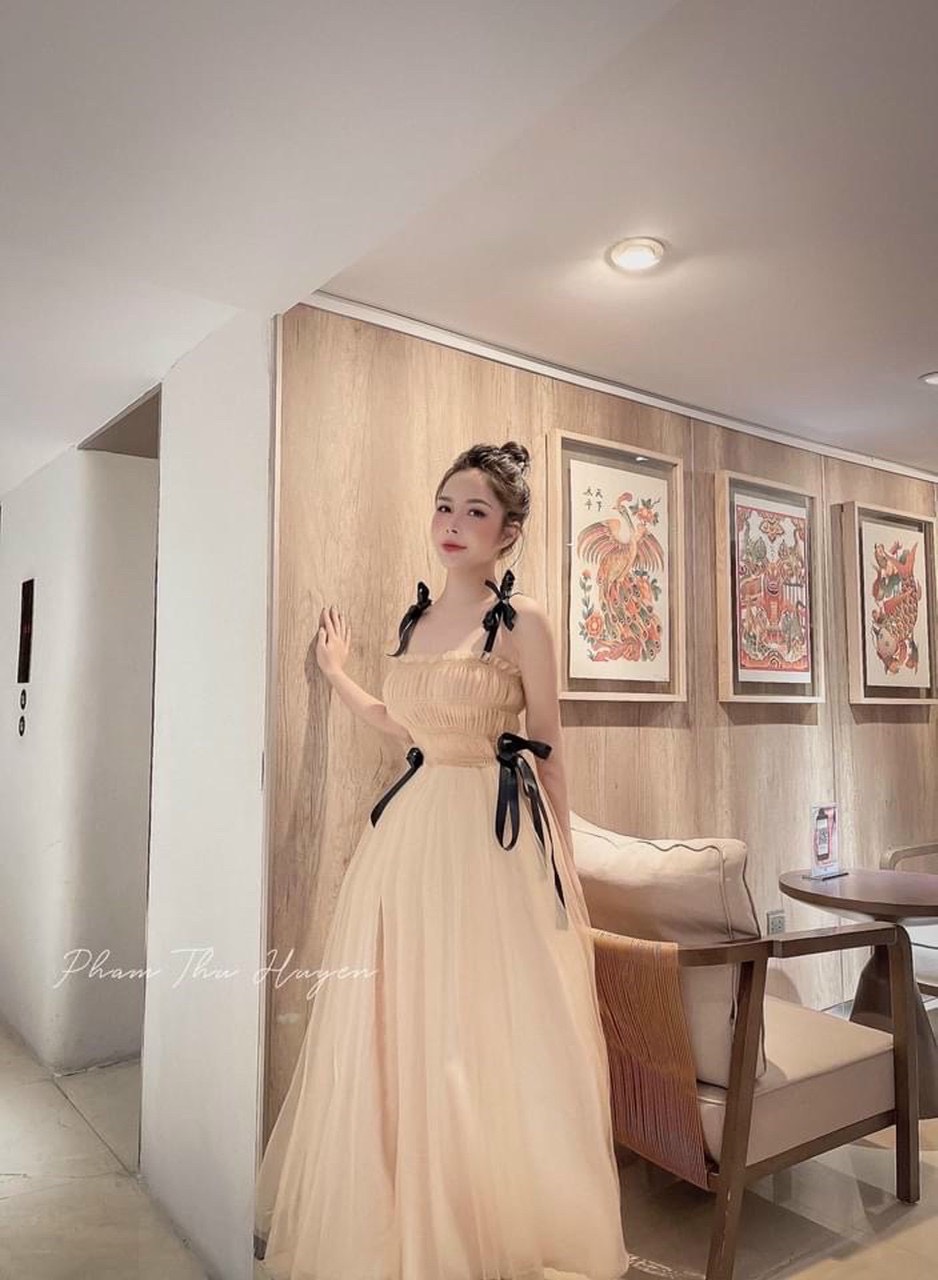Đầm Lưới Đính Nơ,Đầm 2 Dây Phối Nơ,LY STORE