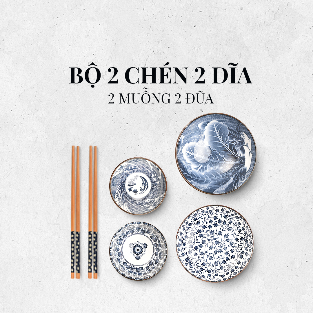 Bộ chén đĩa sứ cao cấp phong cách Nhật Bản (2 chén 2 đĩa 2 đũa)