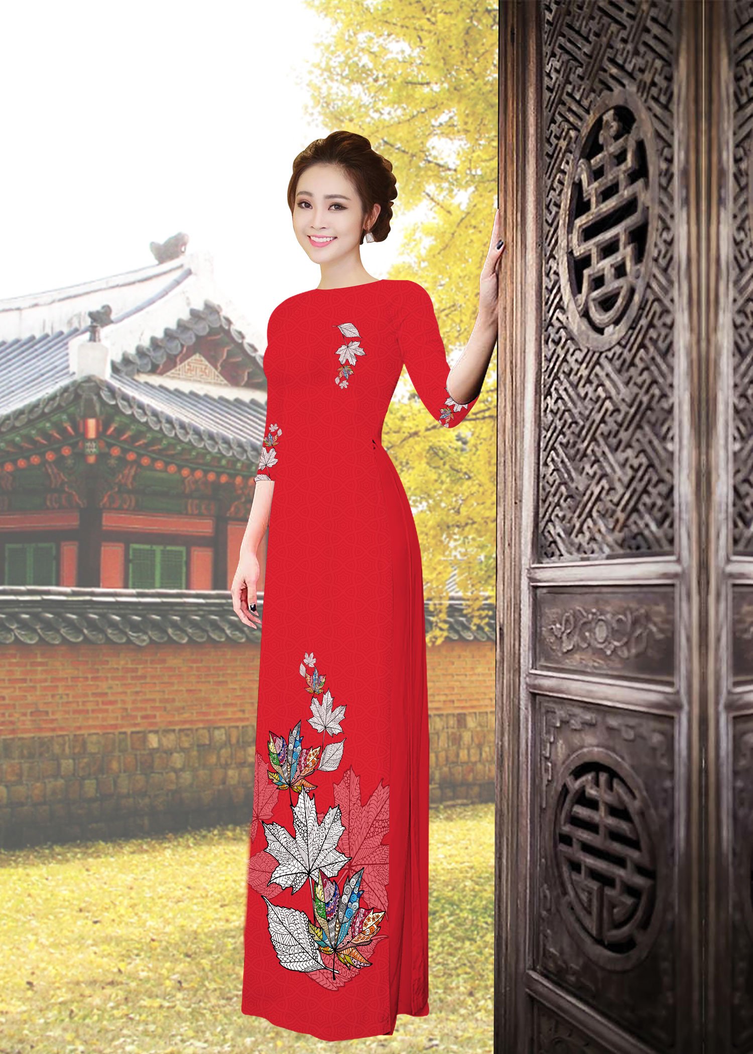 [HCM]ÁO DÀI TRUYỀN THỐNG IN LÁ NGŨ SẮC - KHÔNG KÈM QUẦN