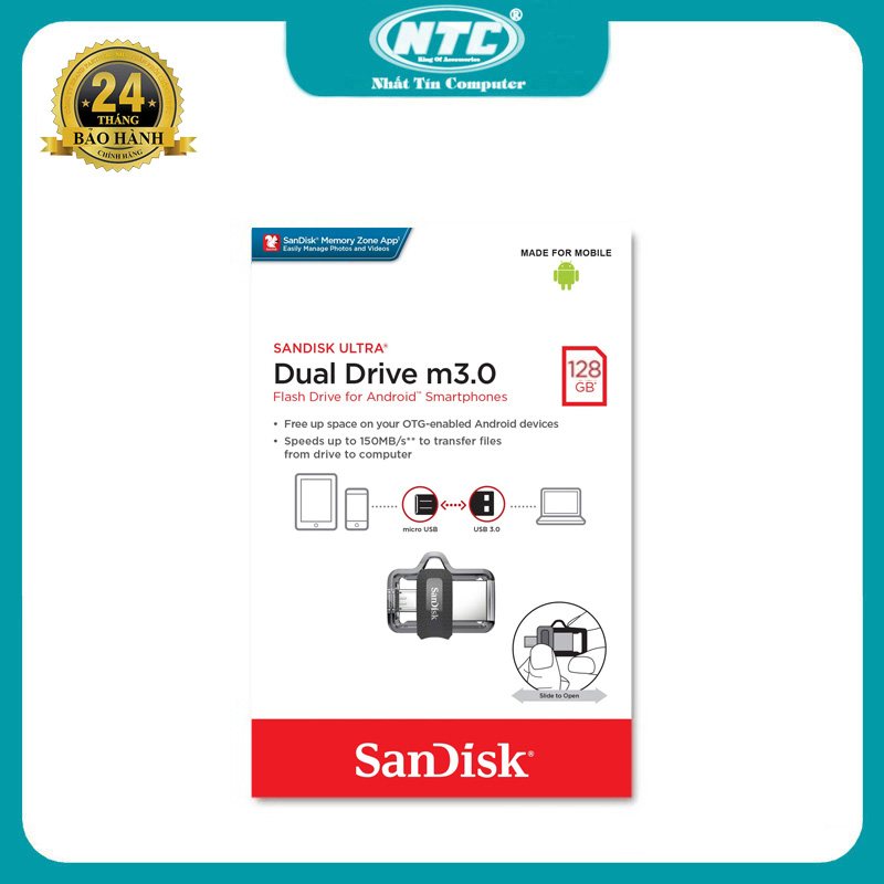 USB OTG 128GB SanDisk Dual Drive M3.0 có 1 cổng USB 1 cổng microUSB (Bạc) Nhất Tín Computer