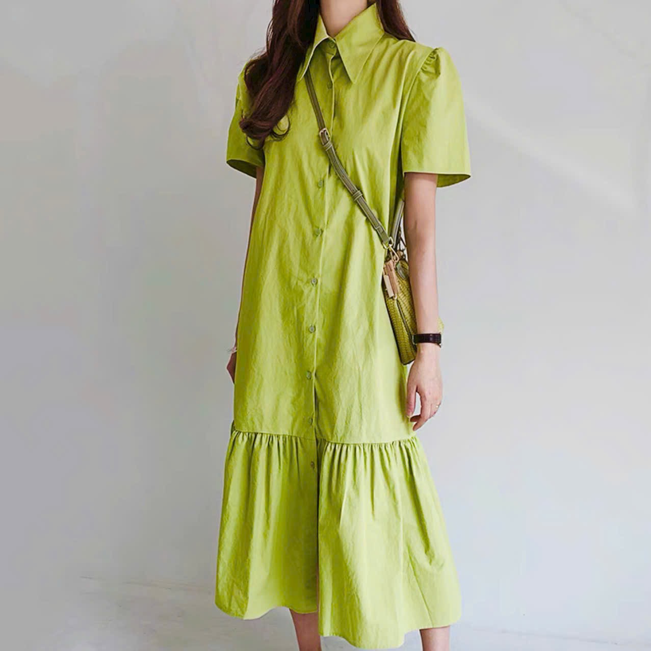 Đầm nữ sơ mi xanh bơ đuôi cá