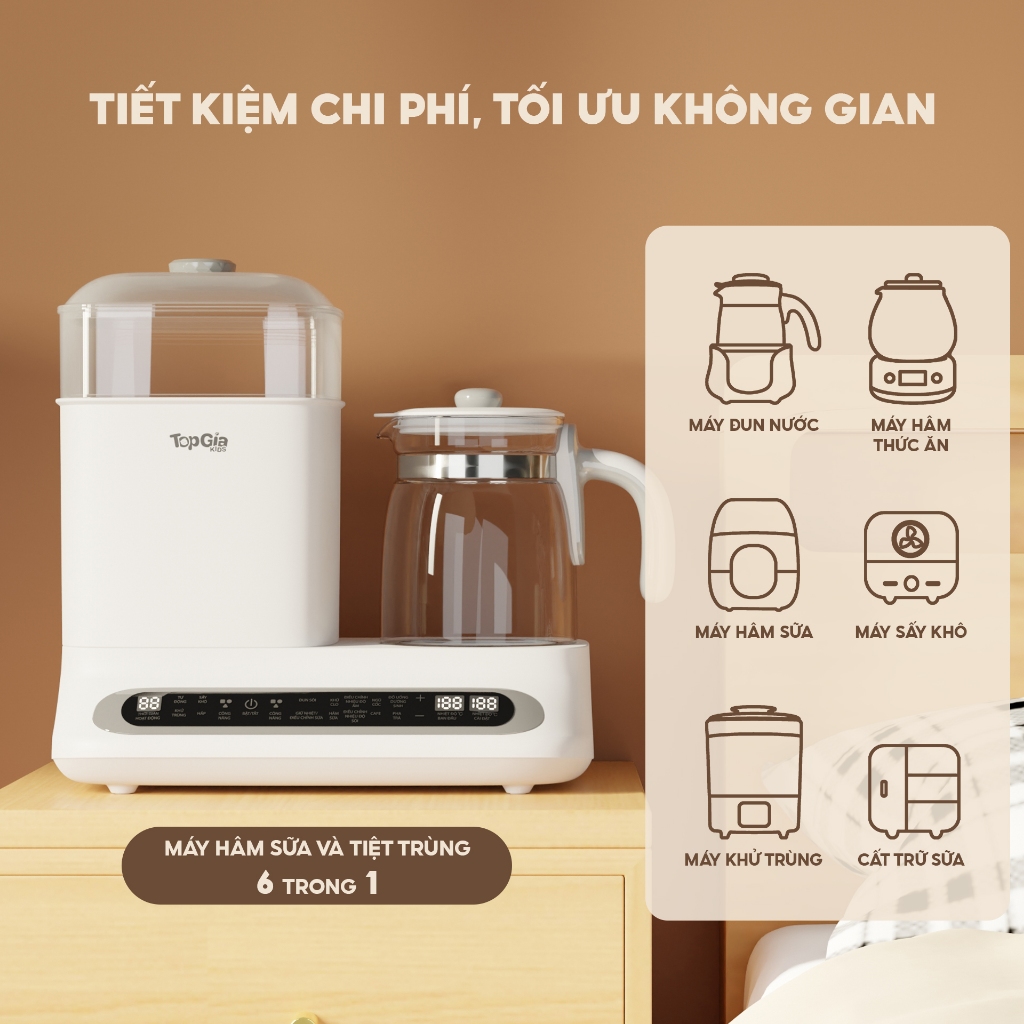 Máy hâm sữa tiệt trùng sấy khô hơi nước TopGiaKids X9P, máy đa năng 6 trong 1 thông minh tiện lợI