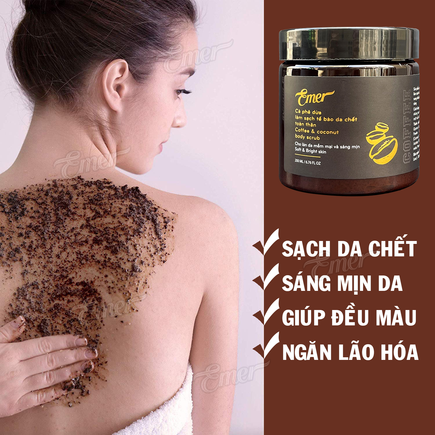 Tẩy tế bào chết body cà phê dừa EMER Garin 200ml làm sạch da chết toàn thân, cho làn da sáng mịn và đều màu hơn