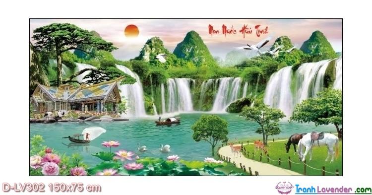 Tranh đính dá non nước hữu tình lv302 kích thước 150 x 75cm