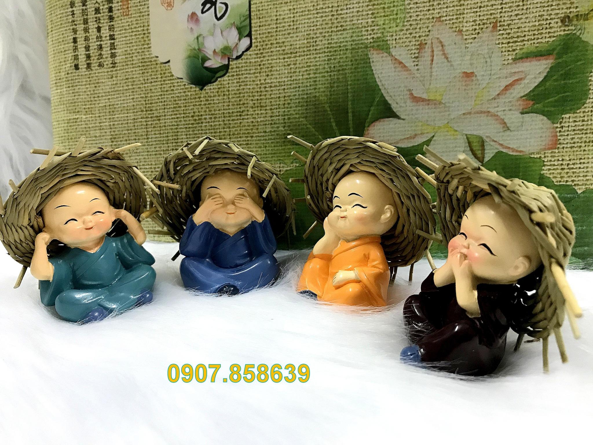 [HCM]Bộ 4 tượng chú tiểu Tứ Không đội nón rơm