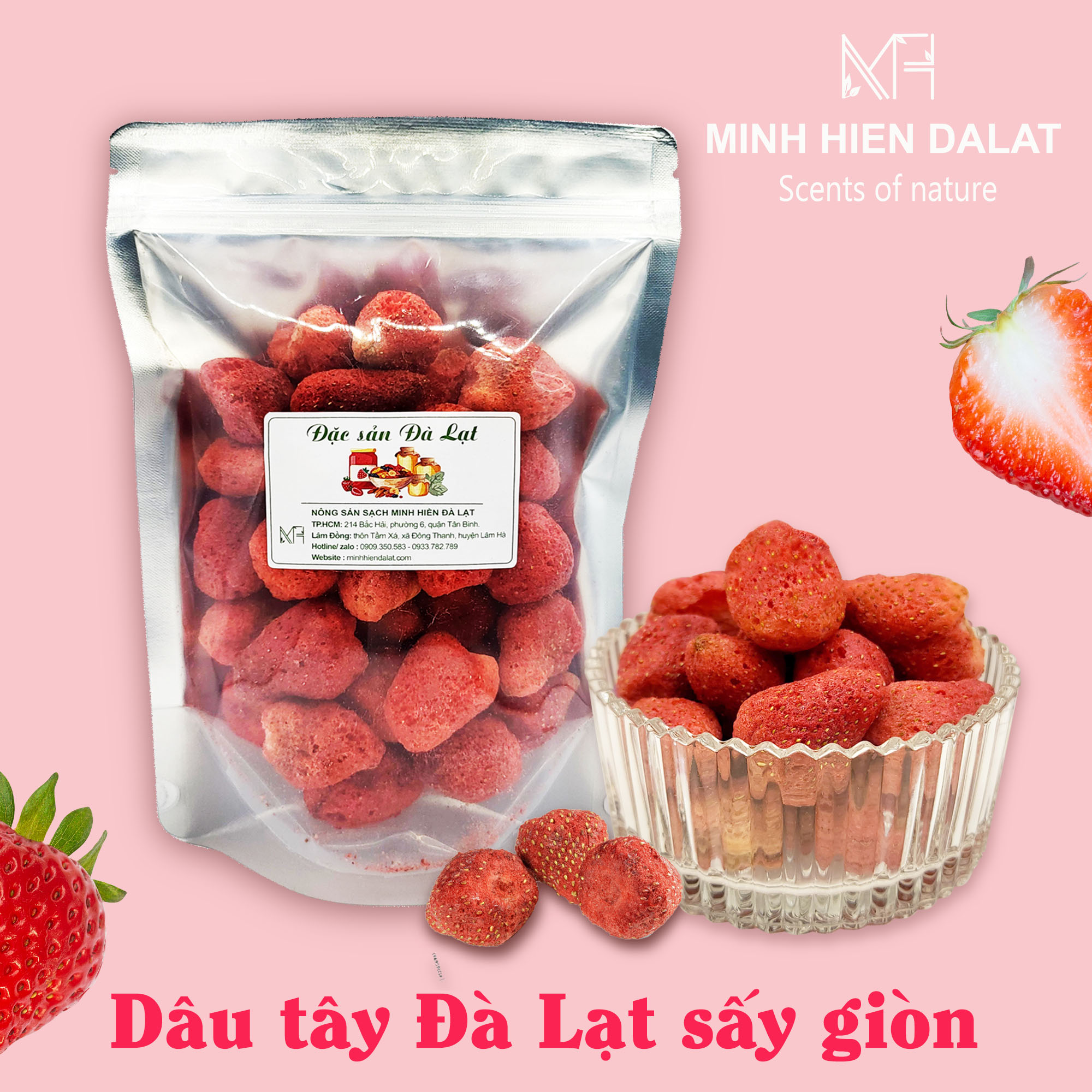 Dâu tây Đà Lạt sấy giòn không đường - dâu sấy thăng hoa Minh Hiền Đà Lạt