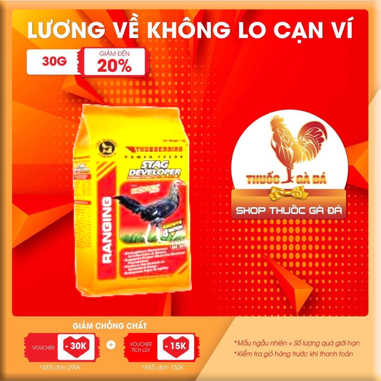 Cám vàng STAG DEVELOPER 1 - 4 THÁNG Thunderbird cho Gà Đá gói 1kg - date mới.