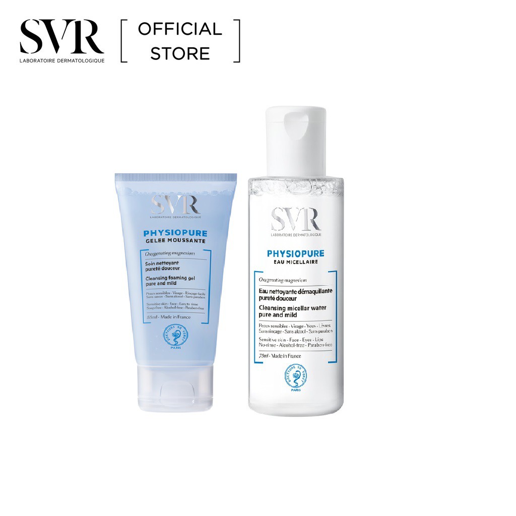Bộ đôi gel rửa mặt svr physiopure gelee moussante 55ml và tẩy trang physiopure eau micellaire cho da nhạy cảm 75ml