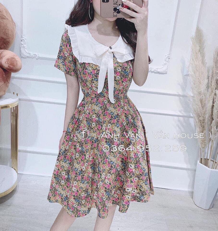 Đầm Voan Hoa Nhí  Xòe Cổ Phối Bèo Tiểu Thư TTSA0537