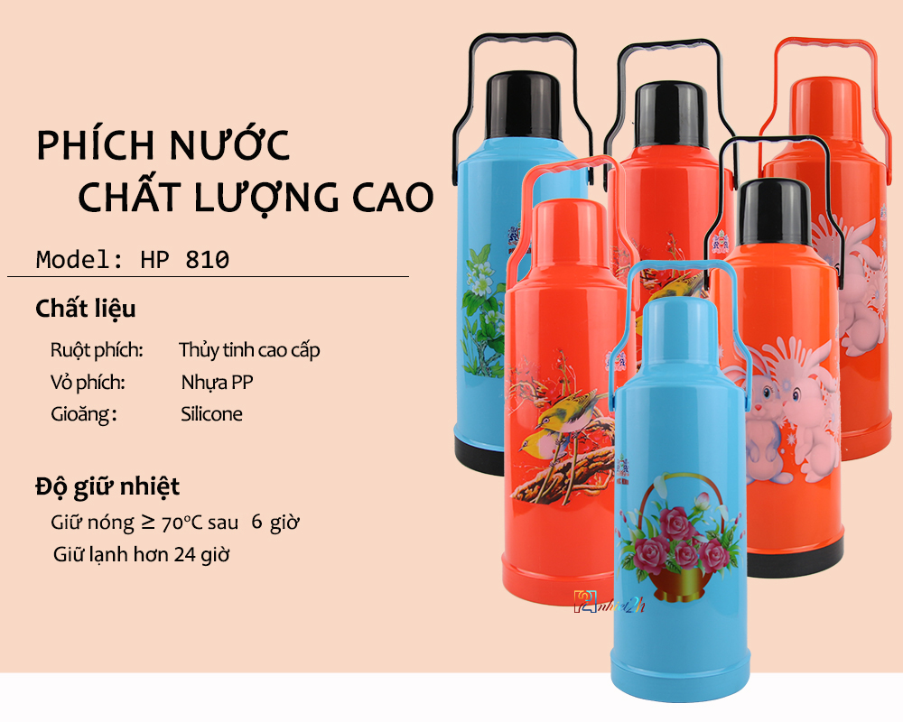 Bình thủy 2 Lít (hình in trên bình ngẫu nhiên) - Phích nước chất lượng cao 2 Lít - HP 810 - Phúc Minh THP