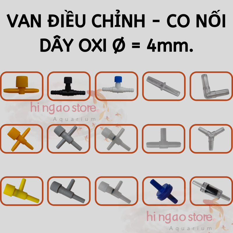 [MNGR] Gói 50 cái Van điều chỉnh, co nối dây oxi Ø=4mm : Van tăng giảm, Van chữ T,L tăng giảm, Co nối dây chữ I,L,Y.T - Phụ kiện cá cảnh | Hingaostore.