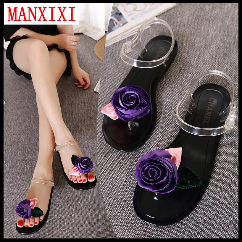 MANXIXI Brand Roman Bohemian Style Fashion Jelly Flat Sandals Beautiful Rose Inlay Black White Shoes For Women （35-40 Size）
