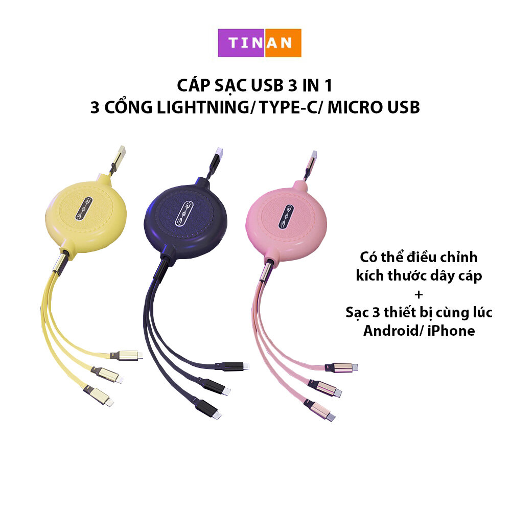 Cáp Sạc Nhanh USB 3 Trong 1 Chất Lượng Cao 2A, Iphone, Android