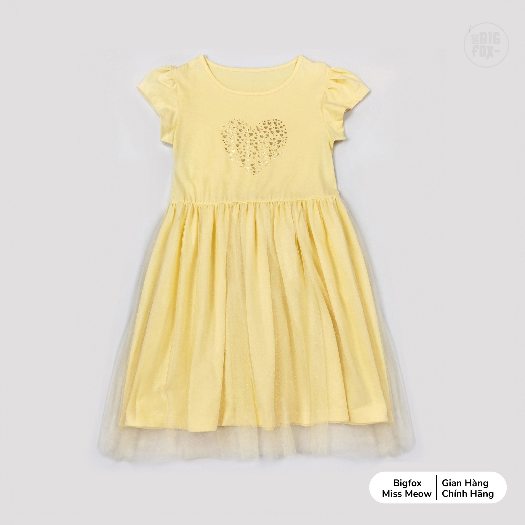 Đầm bé gái công chúa BIGFOX - MISS MEOW mặc mùa hè vải cotton mềm mịn phối lưới màu vàng in trái tim cỡ trẻ em 3,4,5,6,7,8,9 tuổi 9-26kg