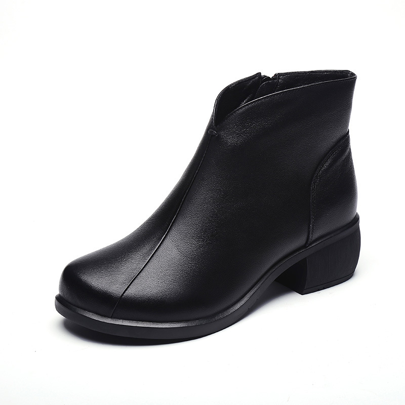 Boots nữ cổ lửng cao gót da trơn phong cách kiểu Châu ÂU