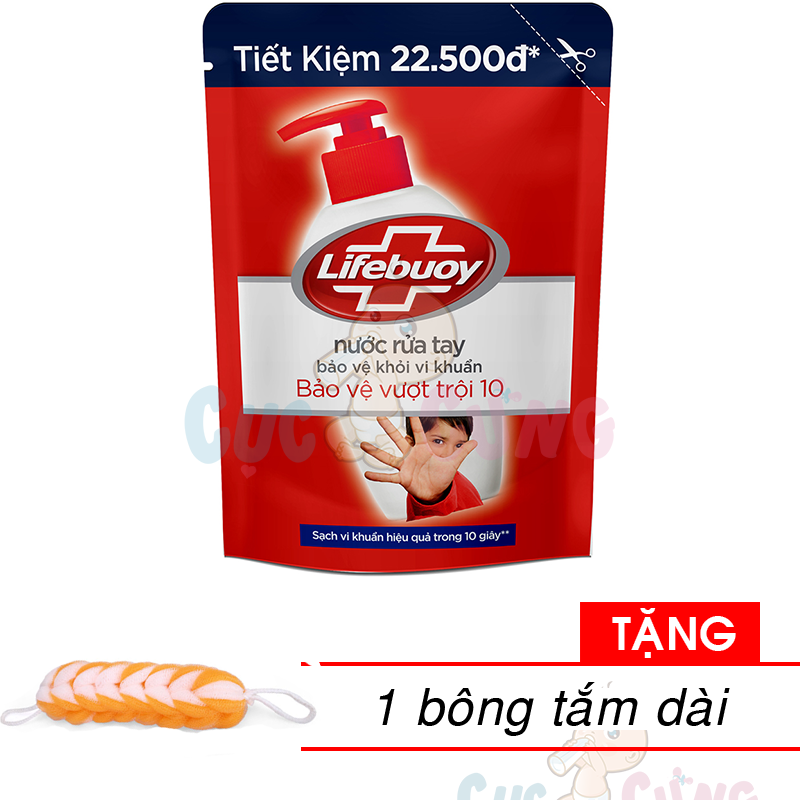 Combo 2 bịch nước rửa tay LifeBuoy Đỏ bảo vệ vượt trội diệt 99,9% vi khuẩn túi 450ml Tặng 1 bông tắm màu ngẫu nhiên