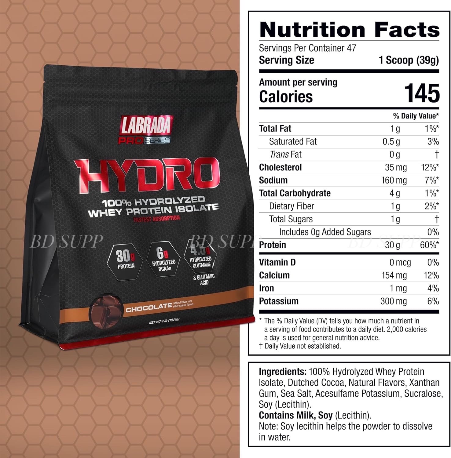 Labrada Whey HYDRO (1.8kg) 100% Whey Protein Hydrolyzed Isolate, 30g Protein, 6g BCAA, 4.5g Glutamine, Công Ty BBT Phân Phối