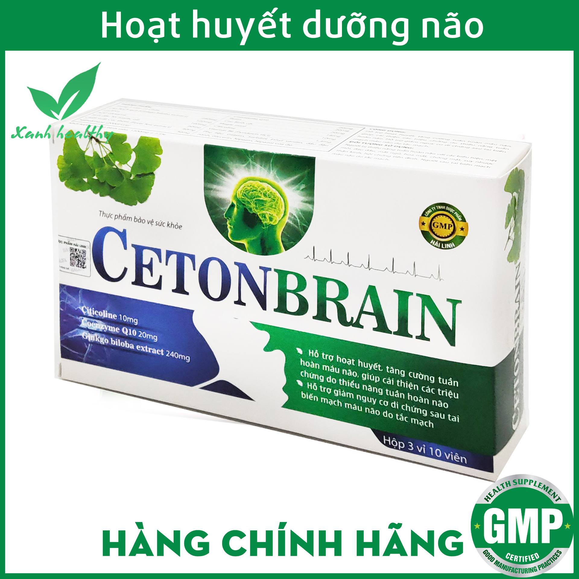 Hoạt Huyết Dưỡng Não Ceton Brain - Thành phần ginkgo biloba giúp Làm Tan Huyết Khối, Giảm Cholesterol Máu, Giảm Nguy Cơ đột quỵ sau tai biến - Hộp 30 viên