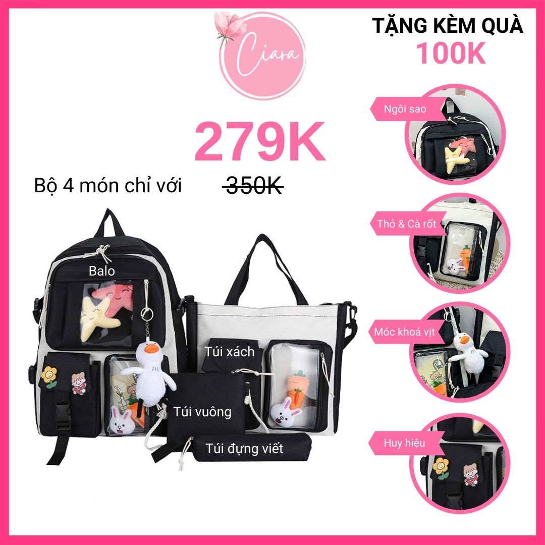 Freeship+Quà 100k Balo học sinh nữ hàn quốc ulzzang đi học cấp 2 cấp 3 đại học 2021 TB27 Ciara Shop, bộ 4 món gồm balo, túi xách nữ, túi đeo chéo và túi đựng viết, tặng kèm phụ kiện trang trí
