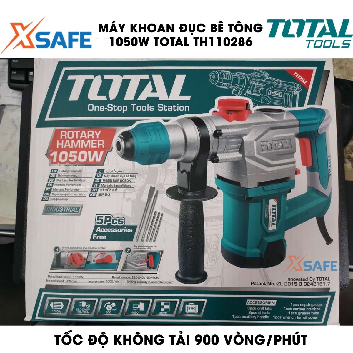 Machine drill chisel concrete 1050W TOTAL TH110286 bundled 3 drill bit Tuck and 2 tip chisel. Machine drill chisel hand have no-load 0 - 900 rpm/min, speed hammer 0 - 4000 times/min, genuine warranty 6 months-product genuine XSAFE