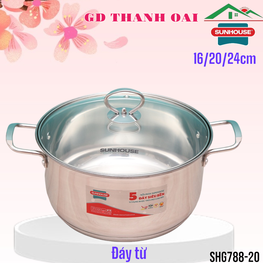 Nồi inox 5 đáy sunhouse shg788-20 đủ size dùng được với bếp từ