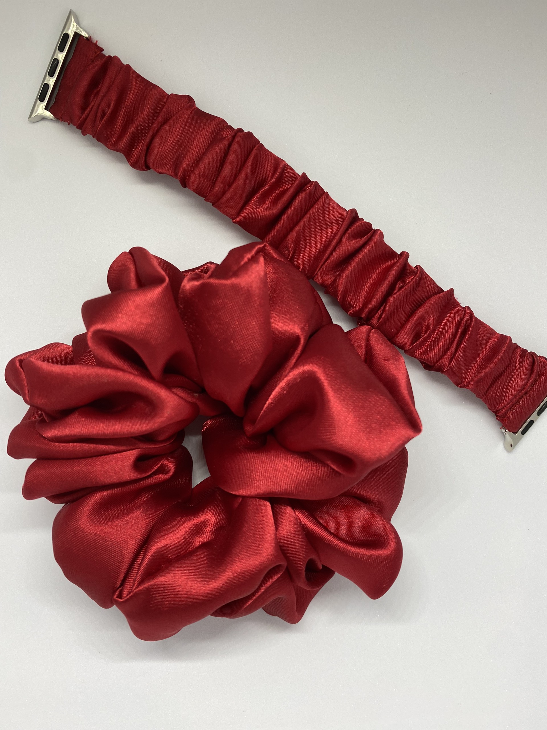 Combo Dây đồng hồ apple watch + Scrunchies lụa satin cao cấp màu đỏ đô