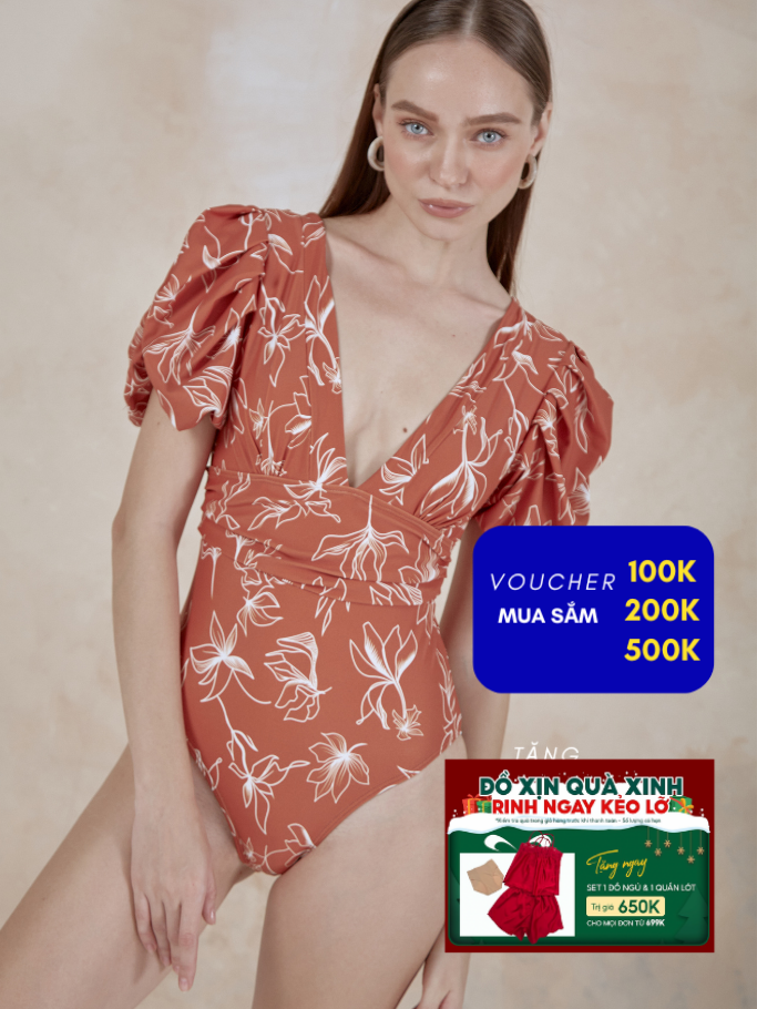 COCO SIN - Swimsuit Hoa Cam Tay Phồng