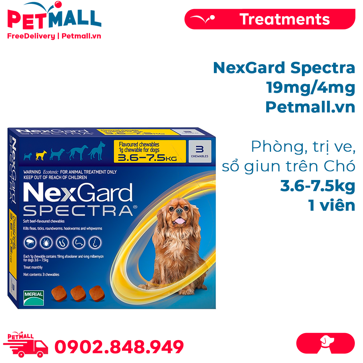 NexGard Spectra 19mg/4mg Phòng, trị ve, sổ giun trên Chó 3.5-7.5kg - 1viên Petmall