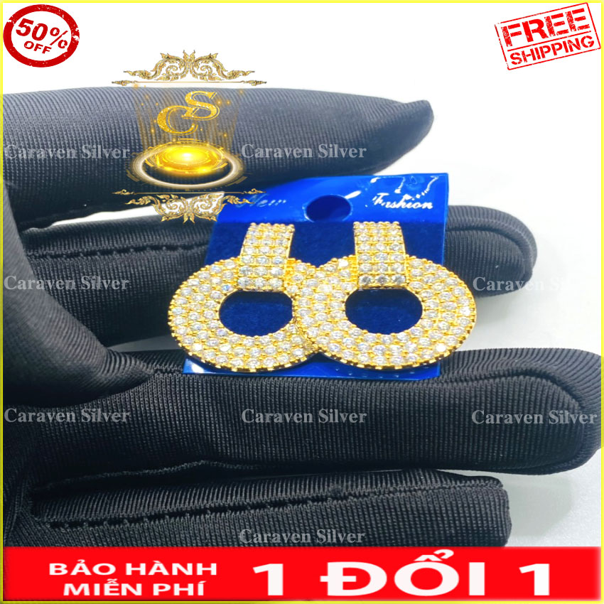 Bông tai nữ mạ vàng 18k kiểu tròn - Đính đá lấp lánh, công nghệ xi hiện đại - Caraven silver - QC44676 - Bông tai vàng,bong tai vang,bông vàng,bong vang,bong tai nu,bông tai nữ