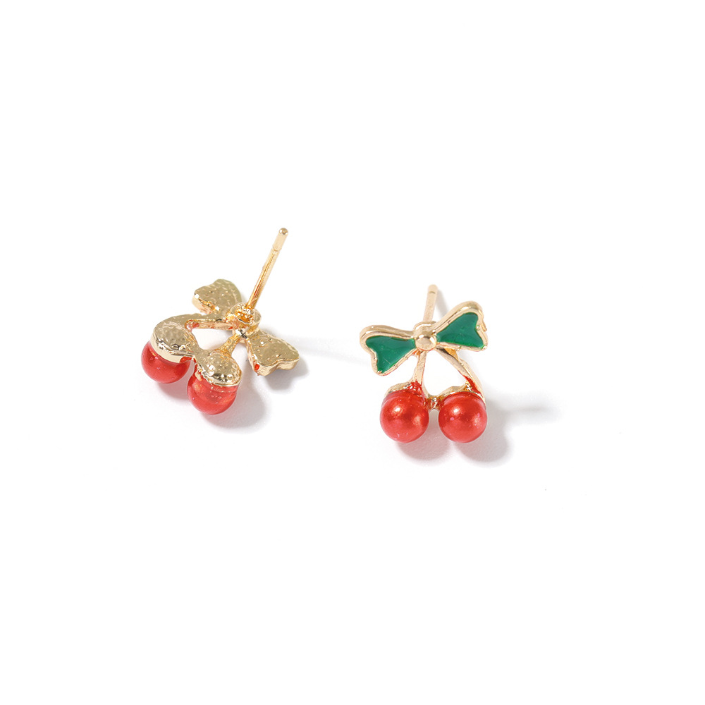 Khuyên tai bông tai nụ sát tai hình quả cherry mini gắn nơ xinh xắn dễ thương màu đỏ nổi bật dễ sử dụng tiện lợi cho nữ phong cách Hàn Quốc KT-35