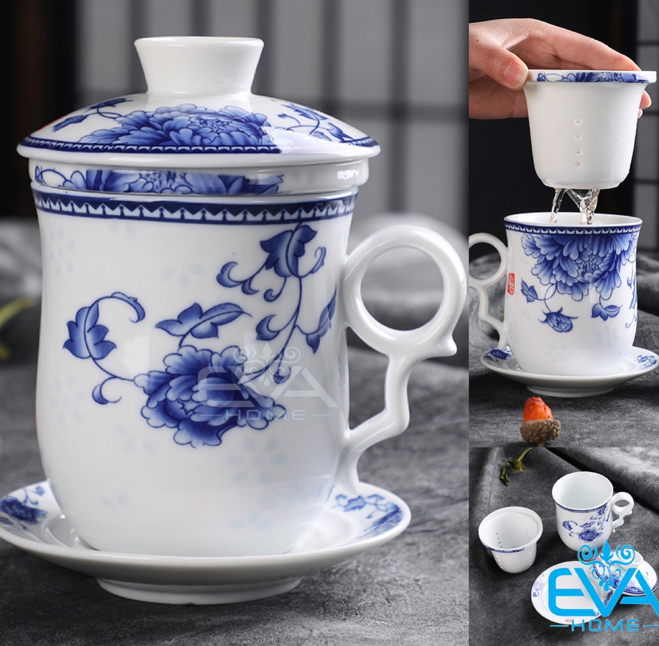 [HCM]Bộ Ly Sứ Có Nắp Và Đế Lót Kèm Lõi Lọc Trà Hoạ Tiết Hoa Văn Sang Trọng