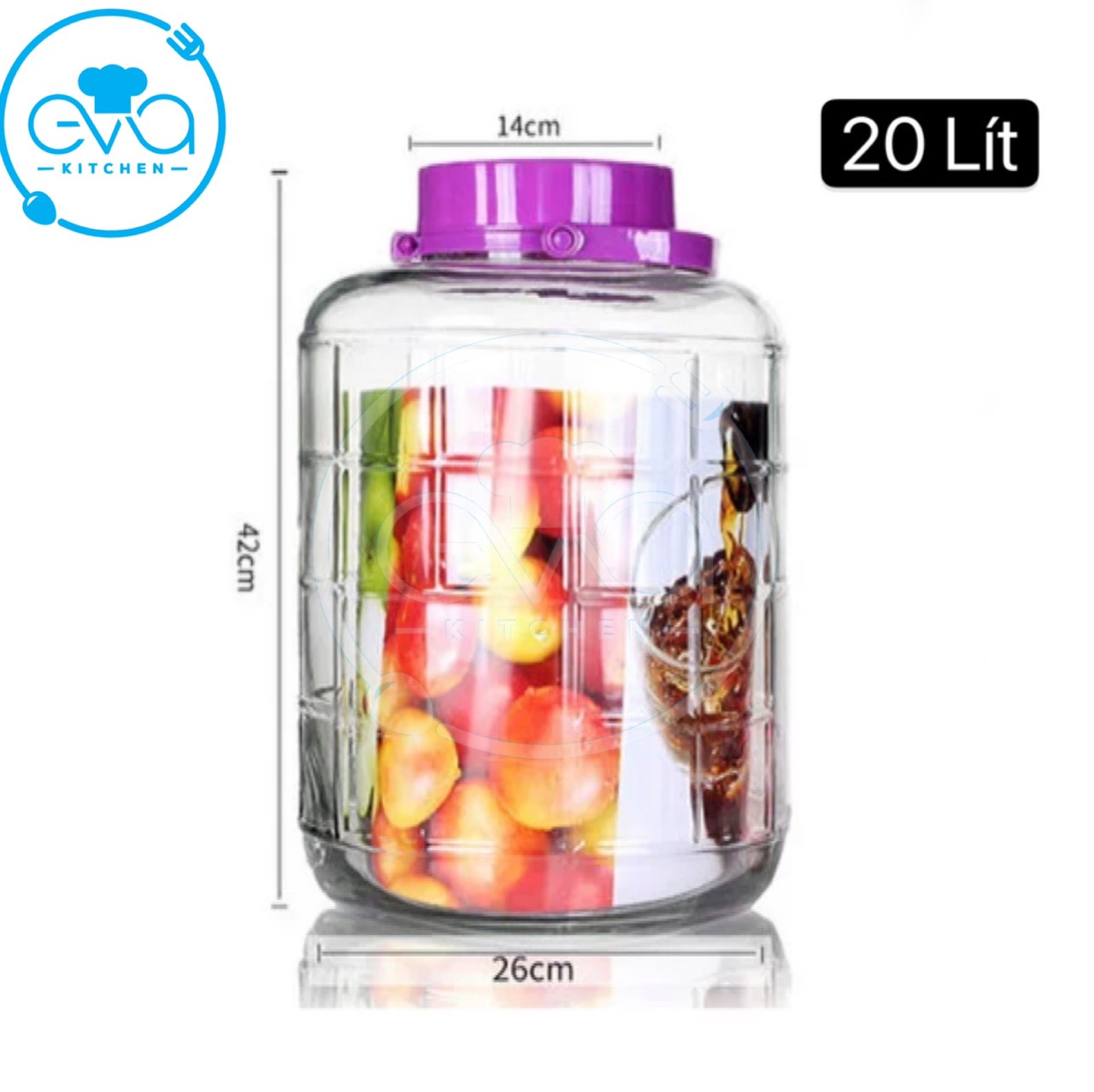 Bình ngâm thủy tinh quai xách nắp tím 20 lít – qx20l