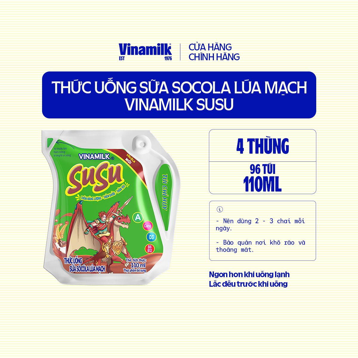 4 Thùng Thức uống Sữa Socola Lúa Mạch Vinamilk Susu Túi 110ml - 24 túi/Thùng