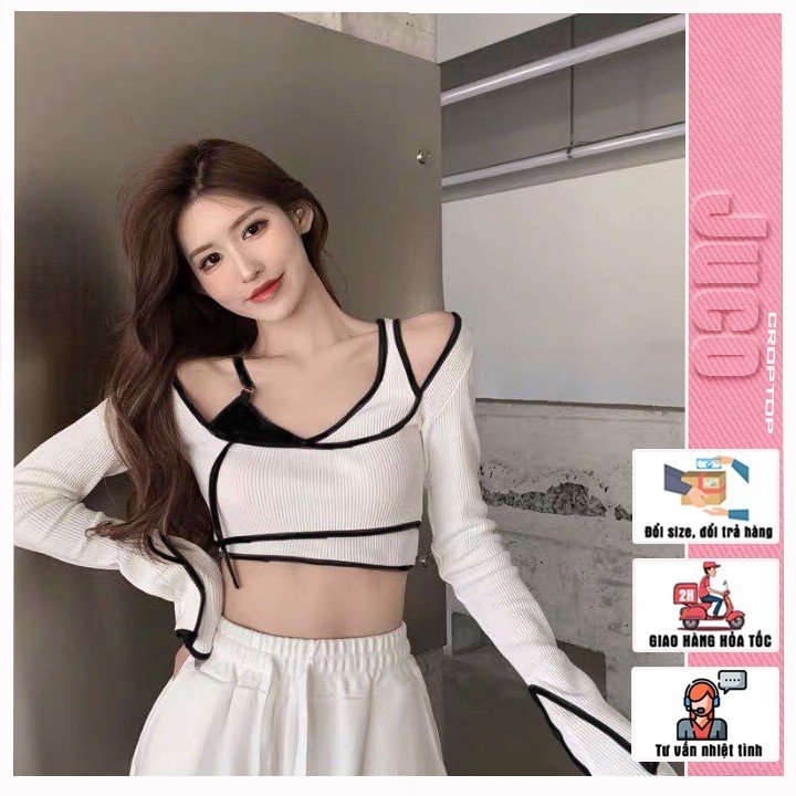 Áo croptop hở vai JUCO phối ống tay loe , croptop kiểu tay dài, áo kiểu nữ sang chảnh