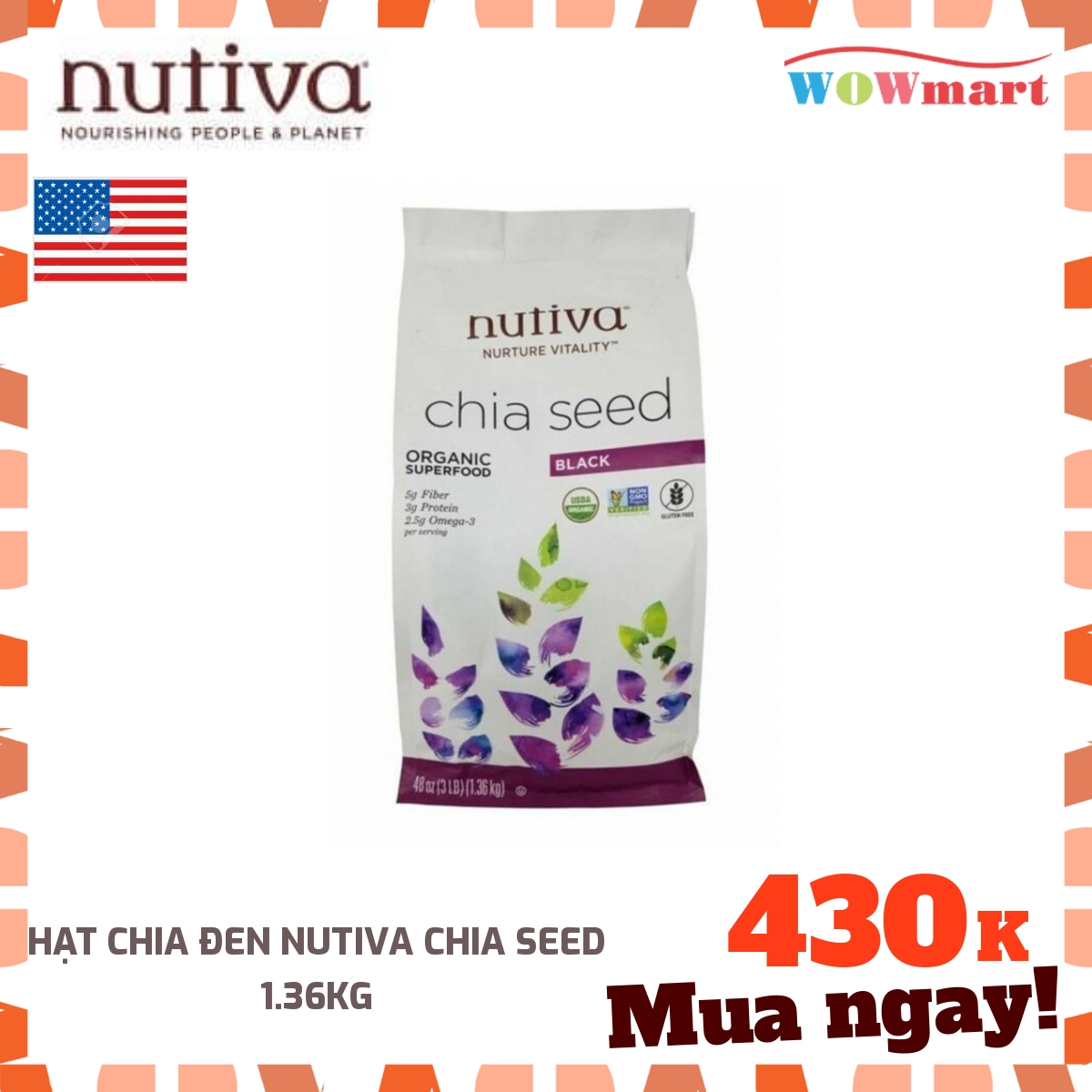 Hạt chia đen Nutiva Chia Seed 1.36kg - [MỸ]