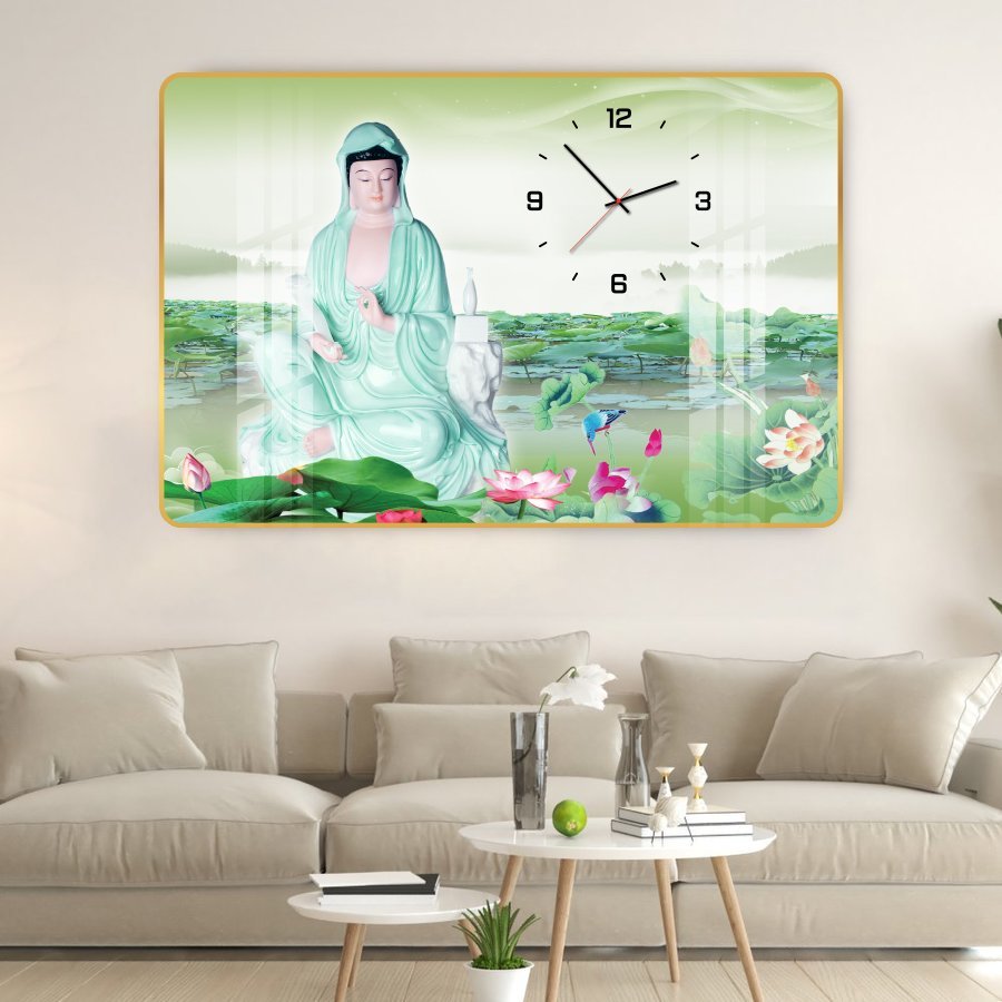 Lalashop - Tranh Phật Kèm Đồng Hồ Treo Tường Tráng Gương Cao Cấp Tranh đồng hồ tráng gương decor phòng khách Tranh Treo Tường Phật Quan Âm Bồ Tát Tranh Phật