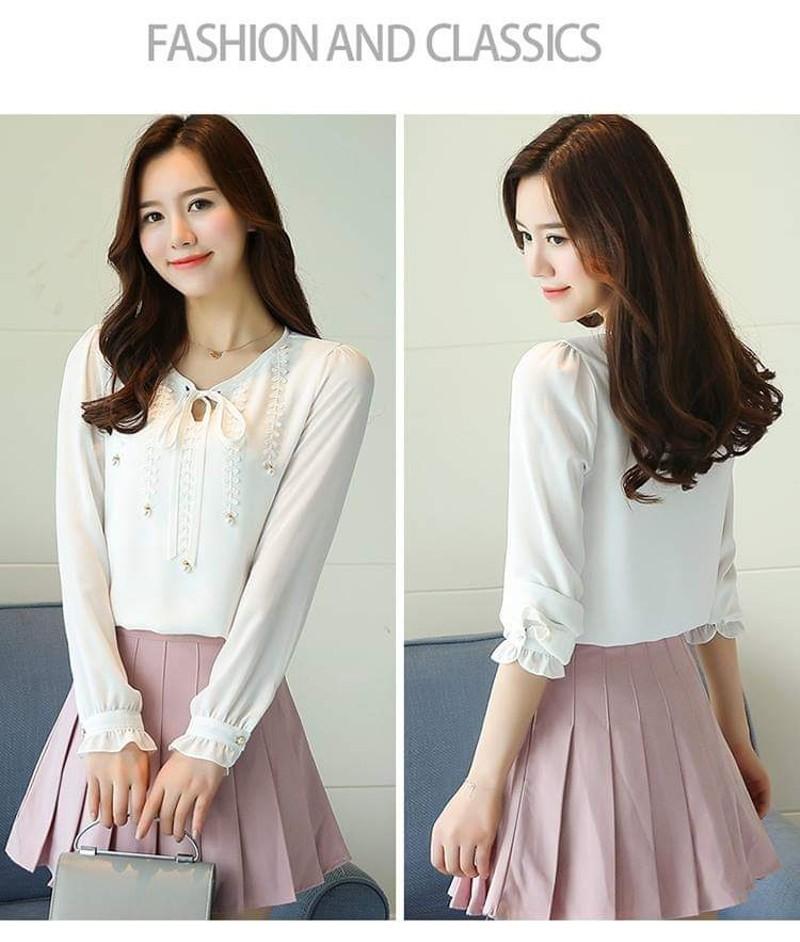 Áo Kiểu Tay Nhúng Phối Nơ T-SM0KN5 (Trắng)