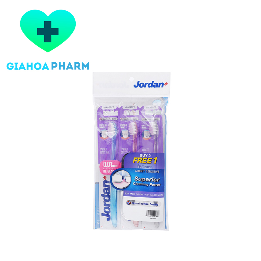 Bộ 3 bàn chải đánh răng Jordan Target Senstive lông siêu mềm, cực mỏng 0.01mm, giúp làm sạch răng nướu nhẹ nhàng