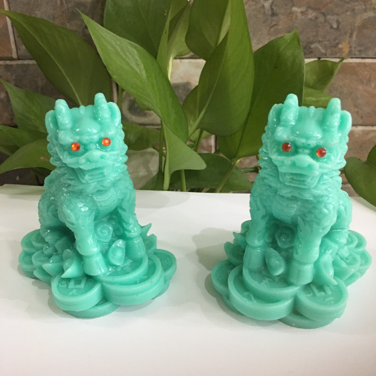 Tượng kỳ lân phong thủy 1 cặp 2 ông màu Xanh ngọc cao 11 cm mang tài lộc