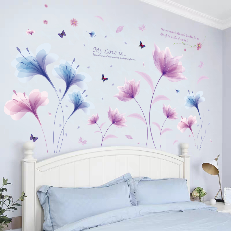 Decal dán tường combo hoa xanh tím mỏng