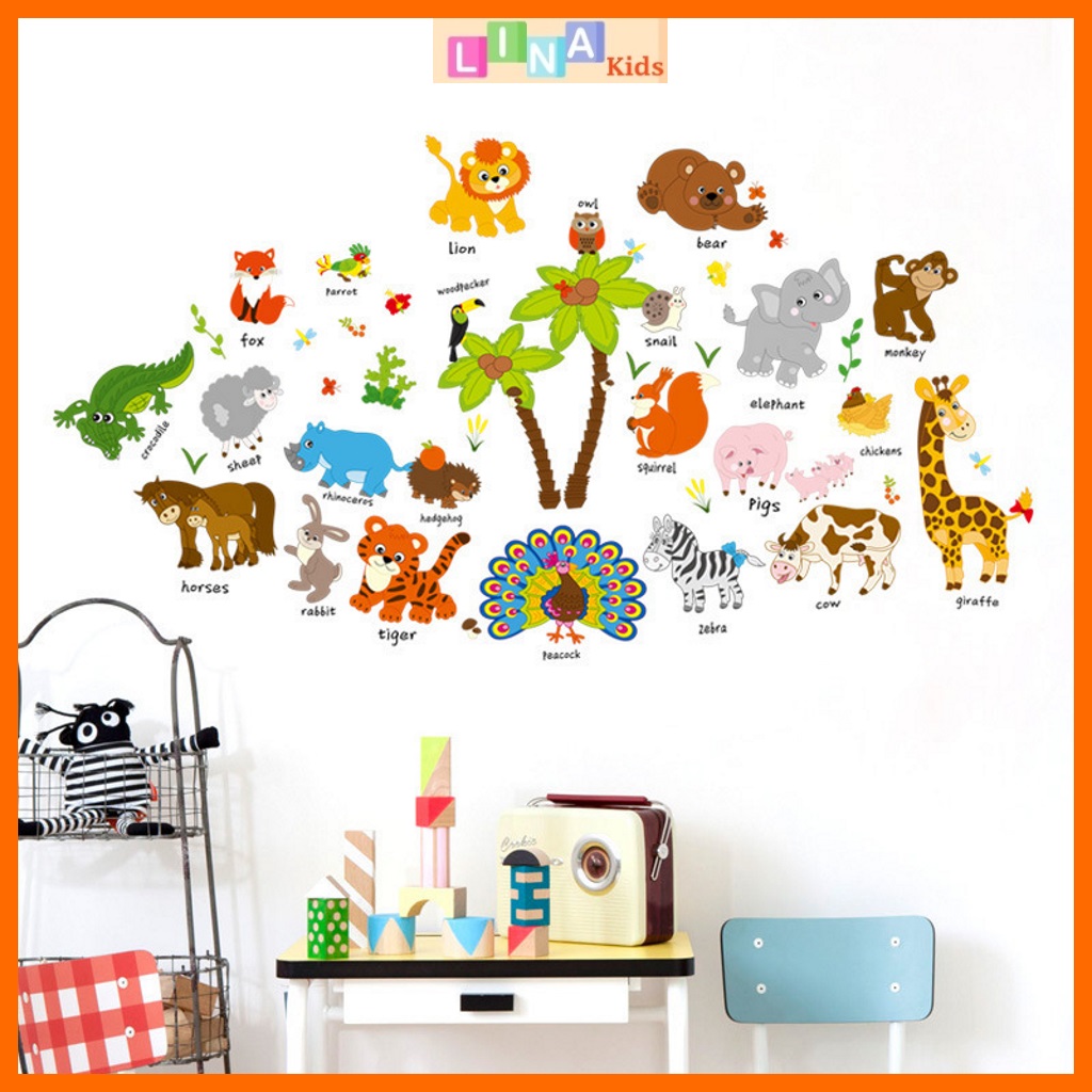 Decal dán tường vườn thú tiếng Anh (mẫu cây cọ to) - LINA Kids
