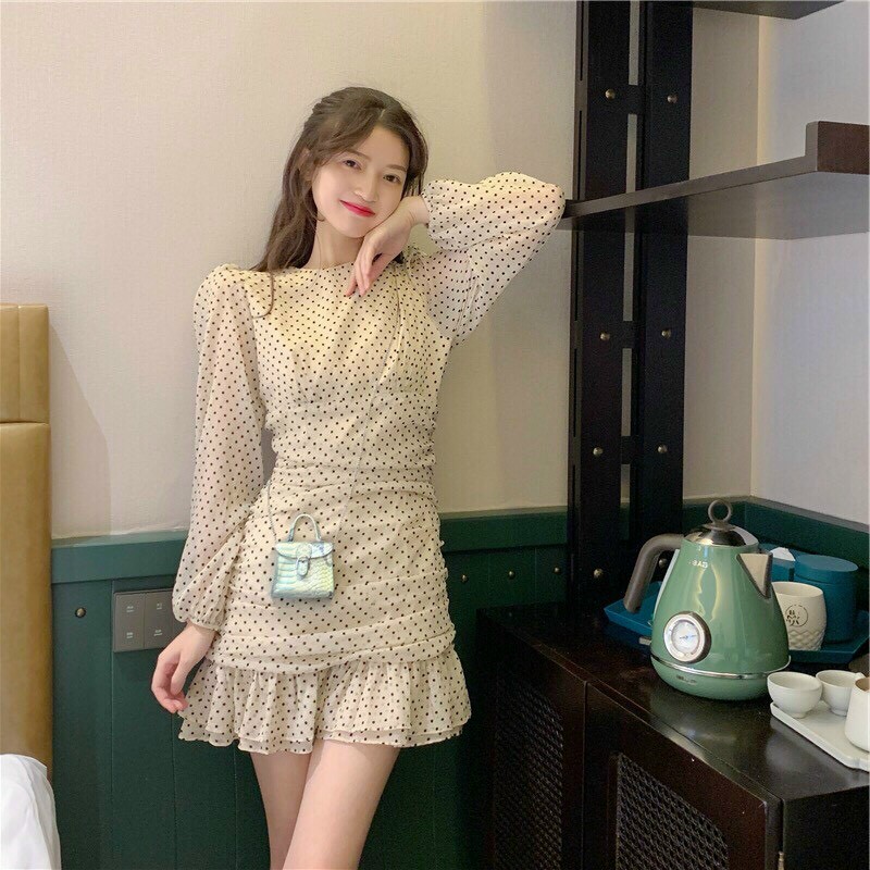 Đầm chấm bi đuôi cá tay dài #damchambiduoica