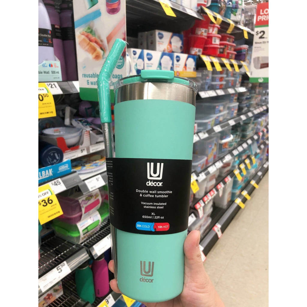 ( Tặng kèm ống hút) Bình Ly giữ nhiệt Decor smoothie Tumber 650ml hàng úc