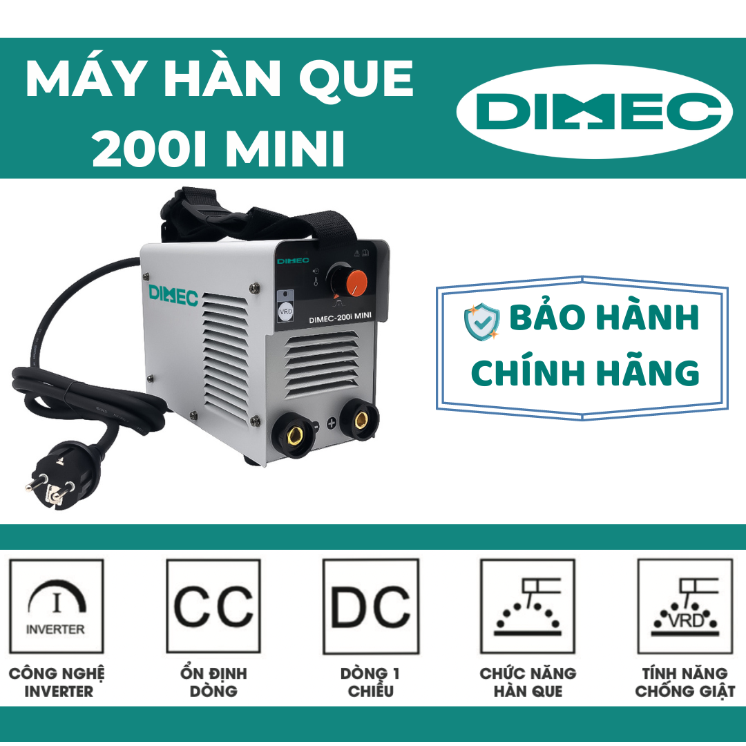 Máy hàn que Dimec 200i Mini công nghệ Inverter IGBT hiệu suất cao - máy hàn liên tục que 1.6 - 3.2 - bảo hành chính hãng 18 tháng